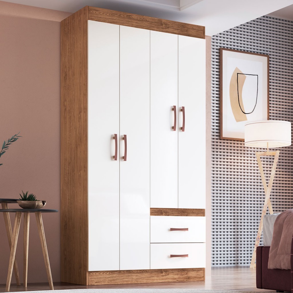 Guarda-Roupa Solteiro Cordova 4 Portas 2 Gavetas Off White Nogueira - Doripel em Oferta na Shopee