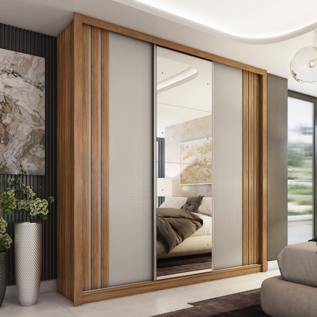 Guarda-Roupa Casal Moema 3 Portas 2 Gavetas Flex com Espelho Amêndola Nude/Preto Prime Tx - Demóbile
