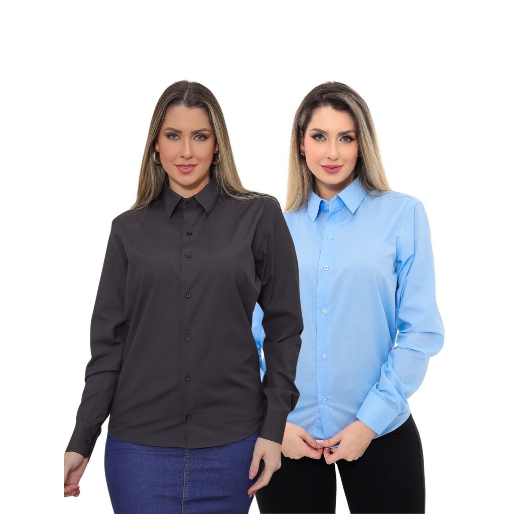 KIT Feminino 2 Peças - Camisa Social Premium Tipo Linho Azul Claro e  Camisa Social Slim Preta