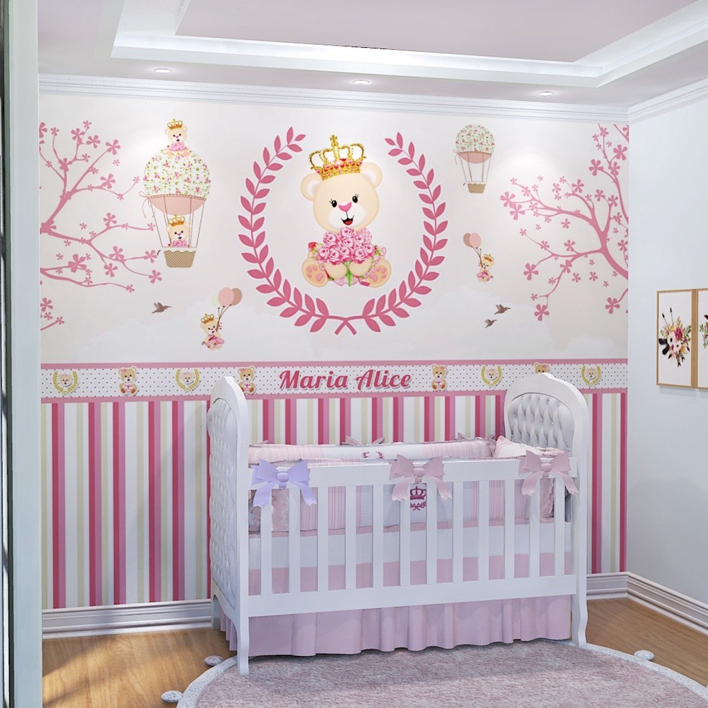 Papel de Parede Ursa Princesa Baloeira Quarto Infantil de Bebê Menina Rosa m²