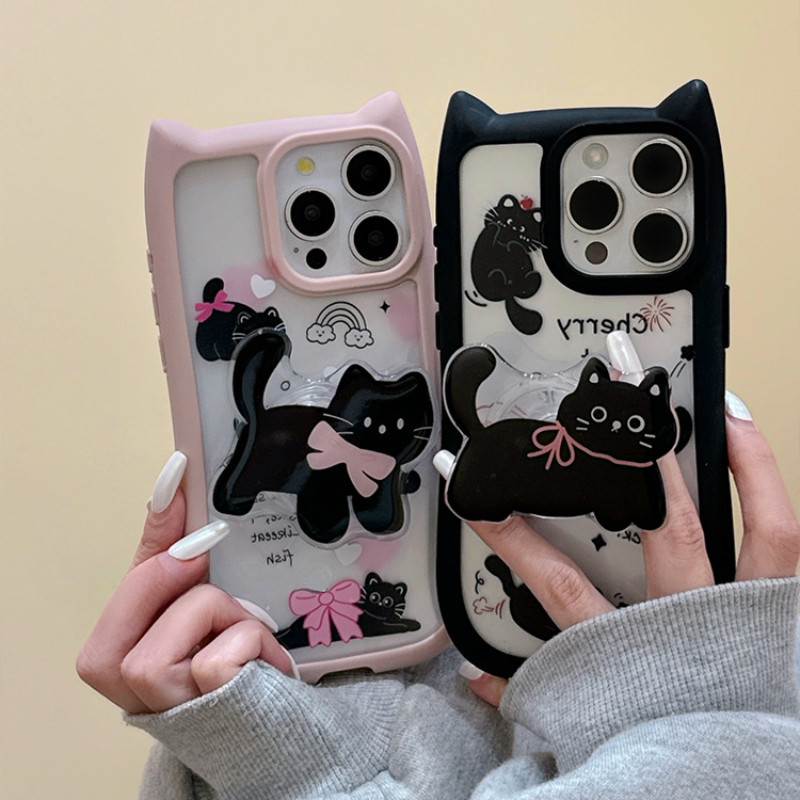 Para IPhone 15 14 13 12 11 Pro Max X XR 7 8 Plus Criativo Coreano Bonito Gato 3D Alça De Orelha Suporte Caso De Telefone em Oferta na Shopee