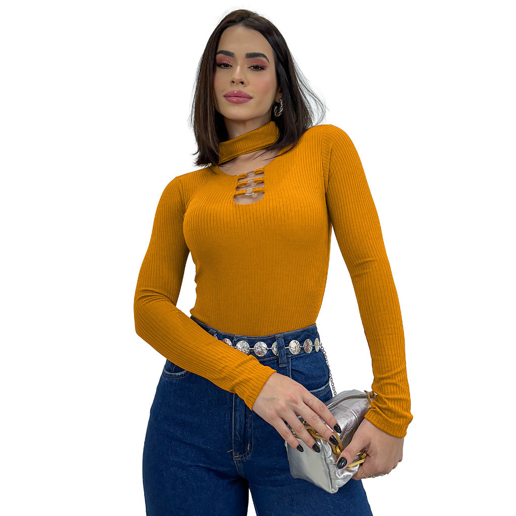 Body Blusa Blusinha Manga Longa Gola Choker Roupas Femininas