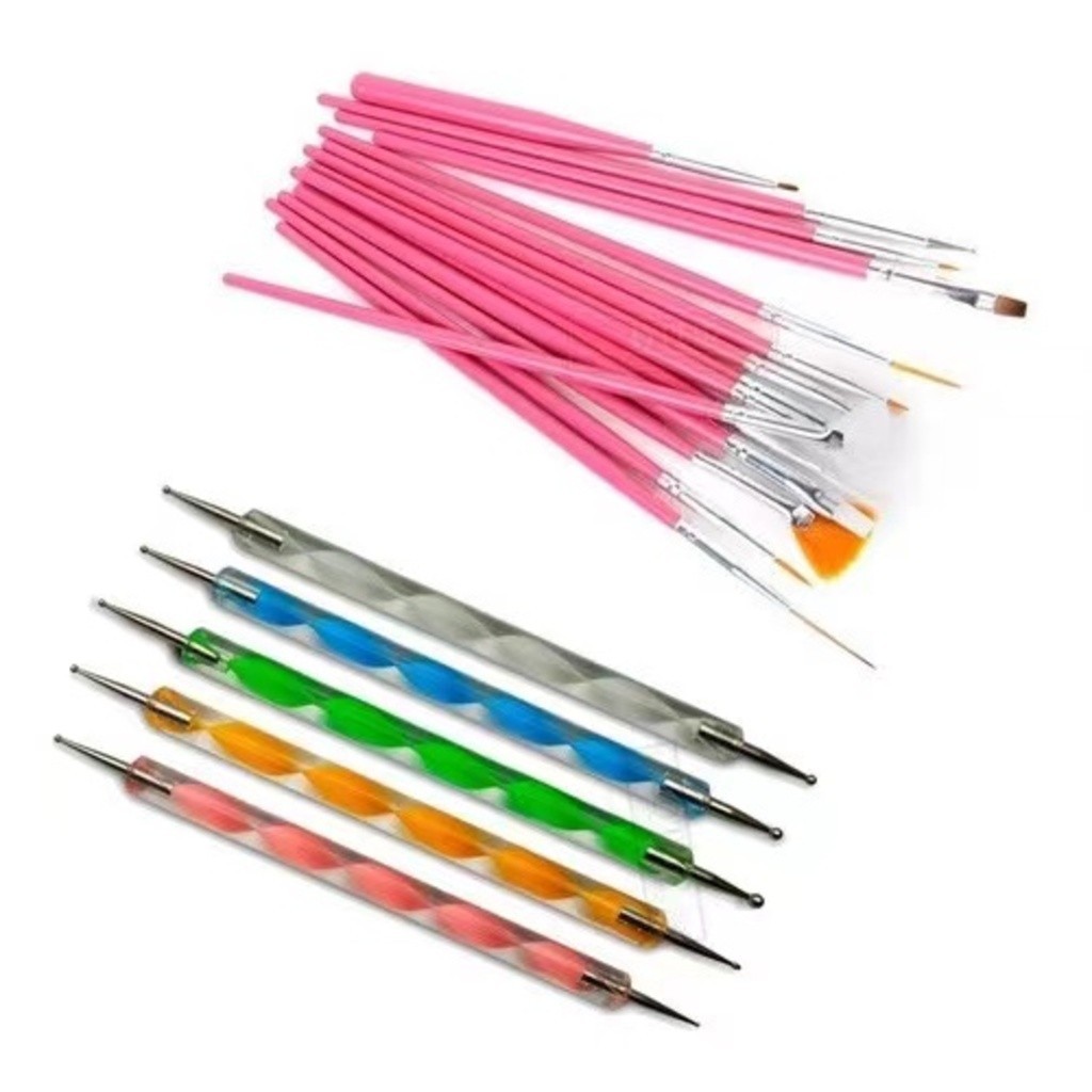 Kit 15 Pincéis + 10 Boleadores Em 5 Pincéis Manicure Desenho(lolibiju)