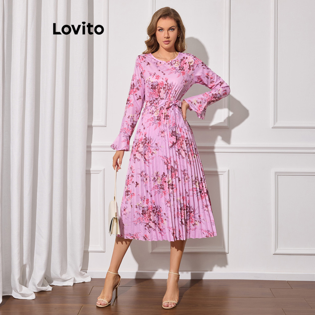 Lovito Vestido romântico floral em camadas plissado com cinto para mulheres LBL13267
