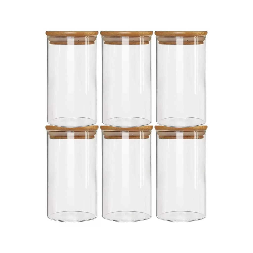 Kit 6 Pote Porta Temperos Mantimentos Design Sofisticado Tampa De Bambu Hermético 650ml