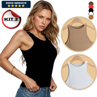 Kit 3 Blusinhas Regatas Feminina Forro Suplex Básica Blogueira Elegante em Oferta na Shopee