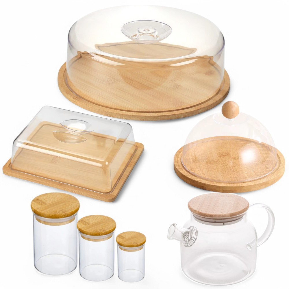 Kit Café da Tarde e Manhã Bambu Itens de Cozinha Jarra Chaleira Pote de Vidro Porta Frios Boleira