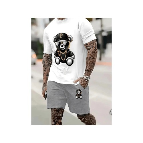 Camiseta  Urso Ostentação Masculina  Algodão StreetWear + Bermuda Moletom,Treino Academia , Fitness e Casual lançamento