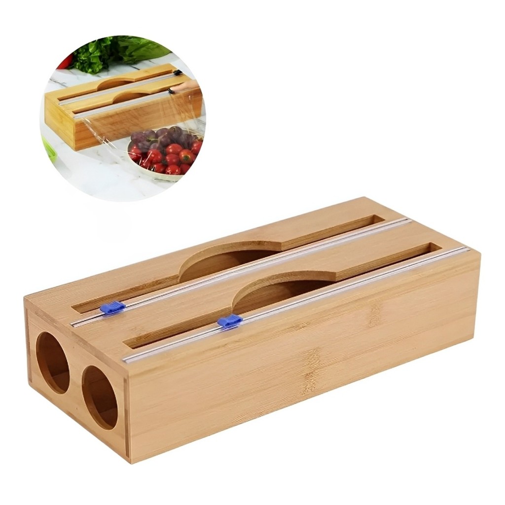 Dispenser Papel Toalha E Filme Pvc C/ Cortador Duplo Bambu