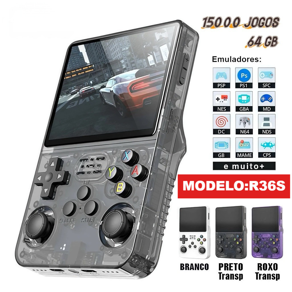 Console Portátil R36S + de 15.000 Jogos Vídeo Game 64g Linux Tela IPS 3.5 Polegadas