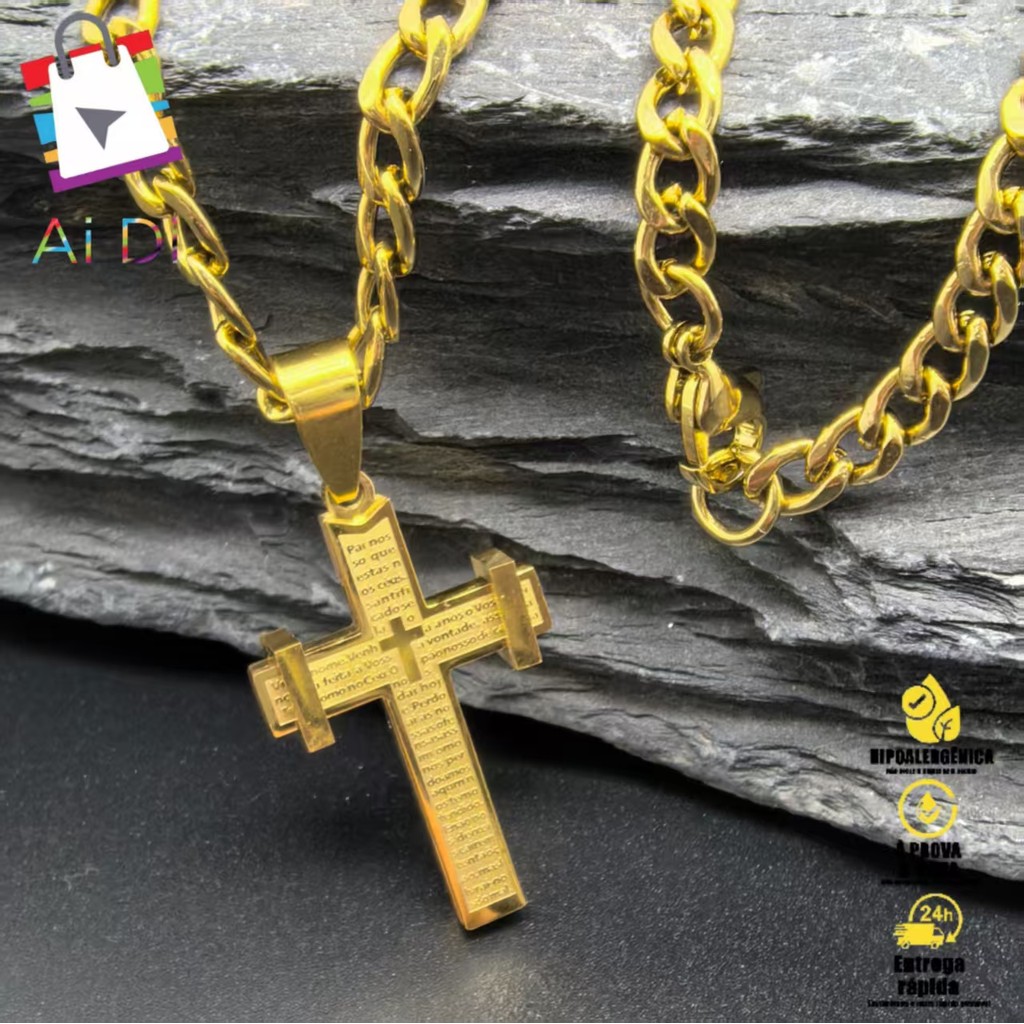 Kit Joia Masculina - Corrente e Pulseira em Aço Inox Dourado com Cruz Pai Nosso em Oferta na Shopee