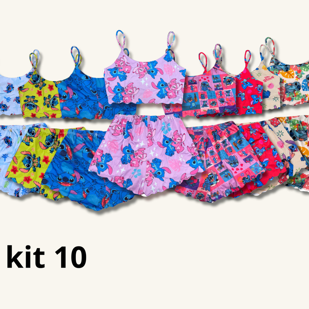 Kit 10 Pijama feminino top doll baby doll cropped alcinha verão revenda Stitch em Oferta na Shopee