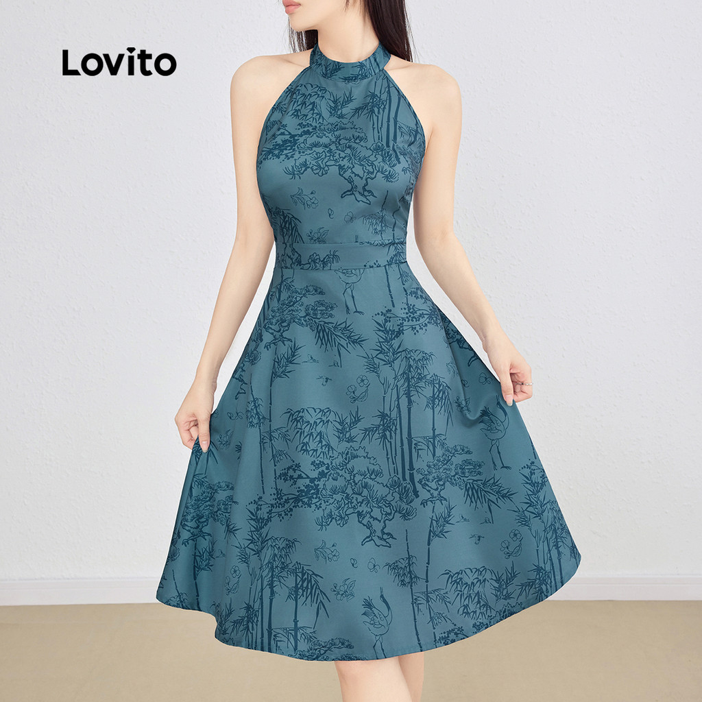Lovito Vestido Boho com estampa de paisagem e ombro frio para mulheres L123ED495 - Women Clothes
