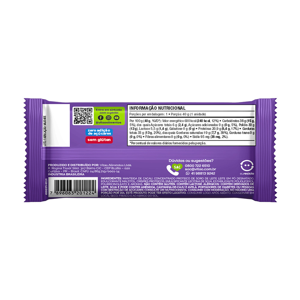 Detalhes do Kit Chocolate Proteico Branco Zero Açúcar Soulpro 40G - 12 Unidades