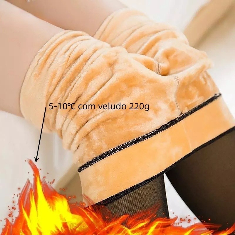 Meia-Calça Térmica Forrada Peluciada Translúcida De Lã Quente Feminina Para Inverno