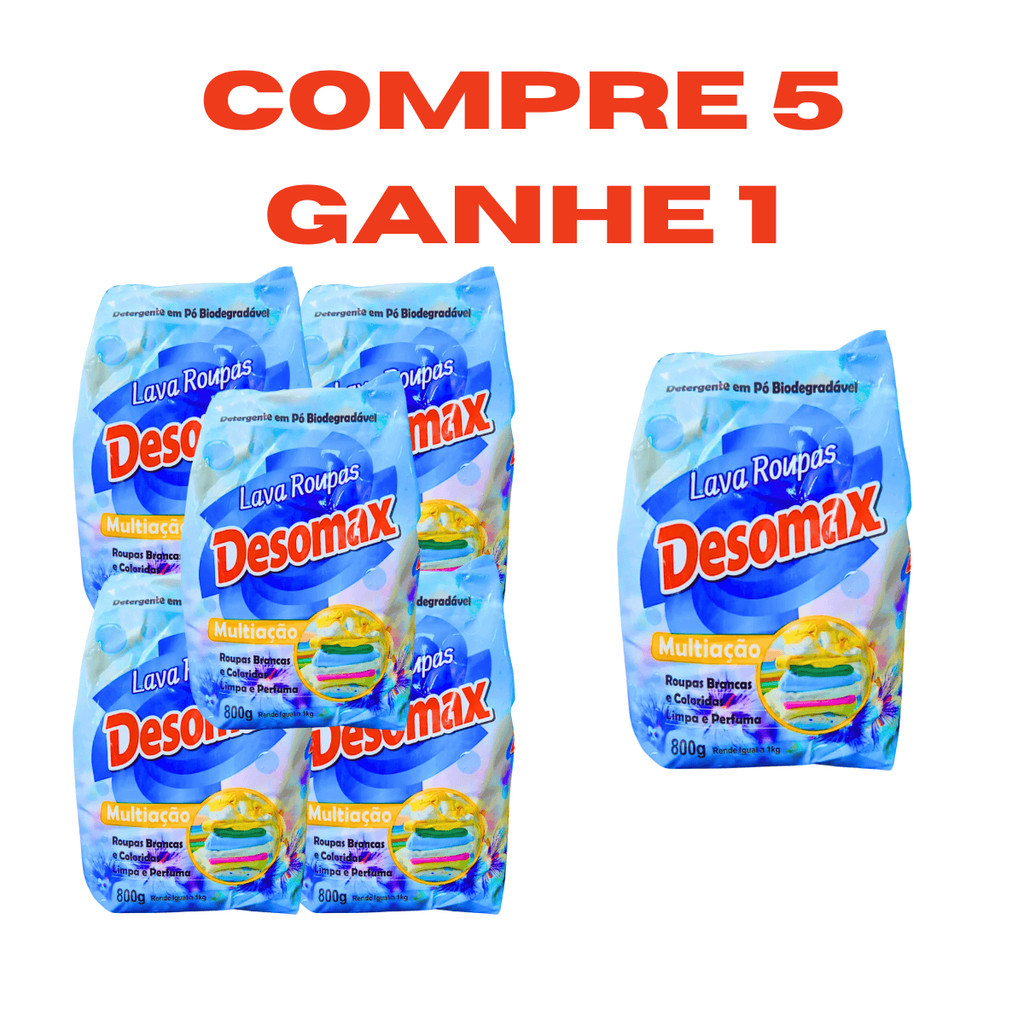 Kit Compre 5 Ganhe 1 Lava Roupas Sabão em Pó Biodegradável de 800g cada Desomax Sabão Detergente Limpeza Pesada