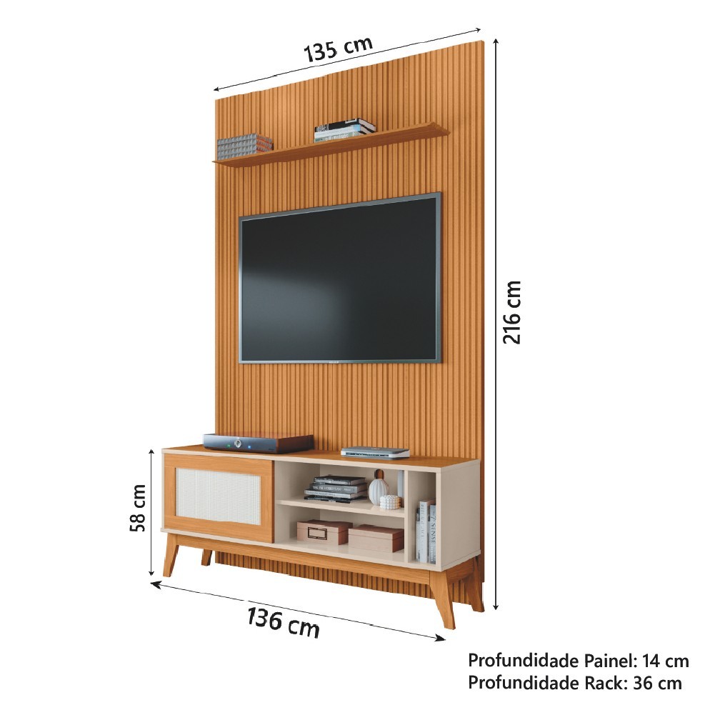 Detalhes do Rack Bancada Caribe Com Painel Para TV Até 55 Polegadas 1,35m Egeo Cedro/Off White Ripado Impressão 3D EDN