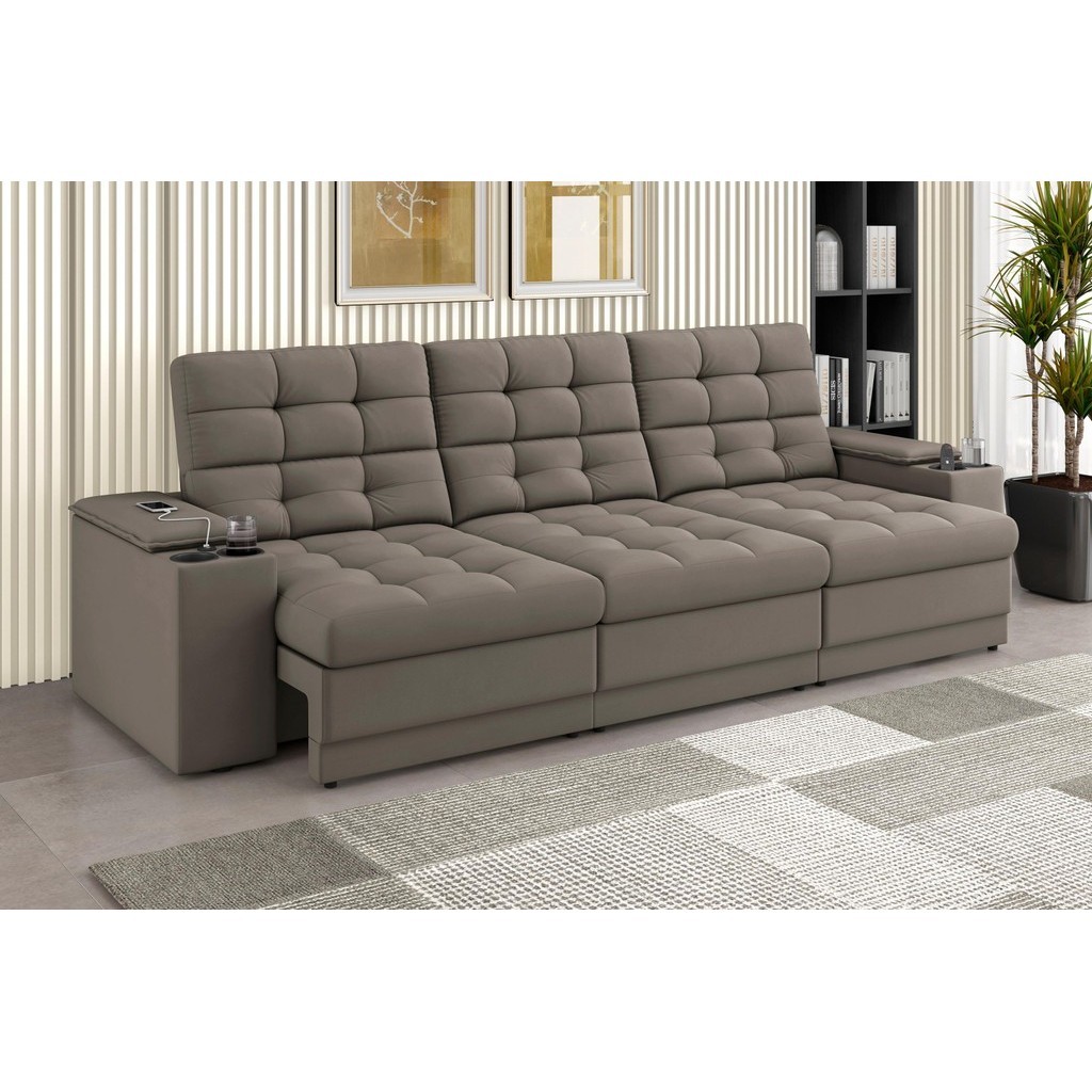 Sofá Confort Premium 2,30m Assento Retrátil/Reclinável porta copos e USB Suede Capuccino-XFlex Sofas