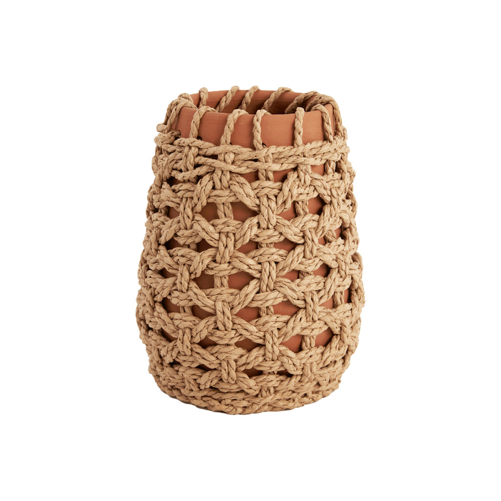 Vaso Cachepot Decorativo Em Cerâmica Com Tramas Em Papel Fibra Natural Multiuso Porta Objetos