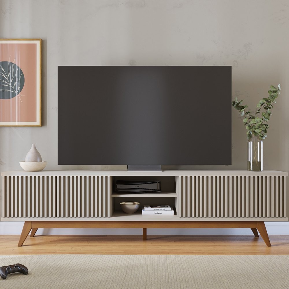 Rack para TV até 75 Polegadas com Ripado Pés Madeira Maciça Fortaleza Off White Matte - Home & Living