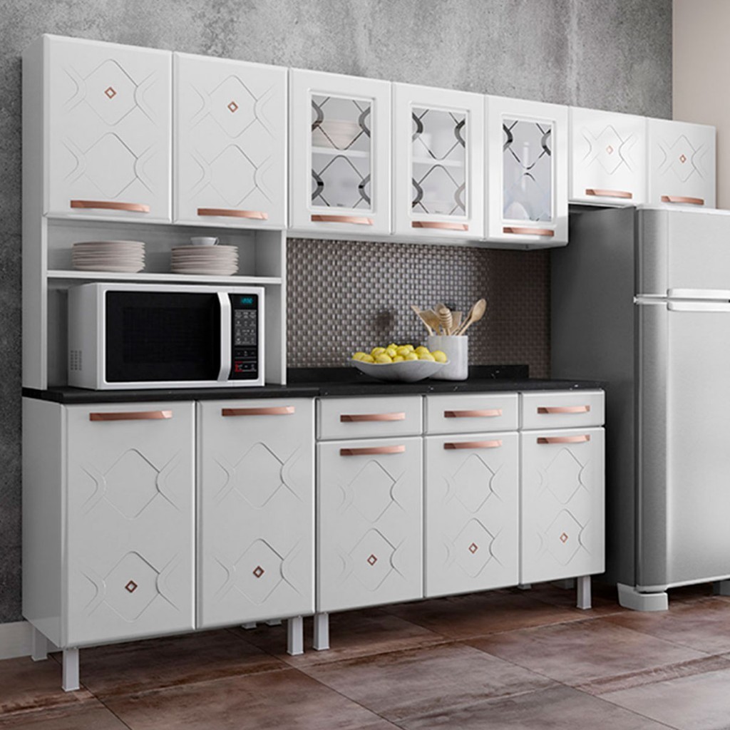 Cozinha de Aço Completa Mirage 12 Portas 3 Gavetas com Vidro Branco - Telasul em Oferta na Shopee