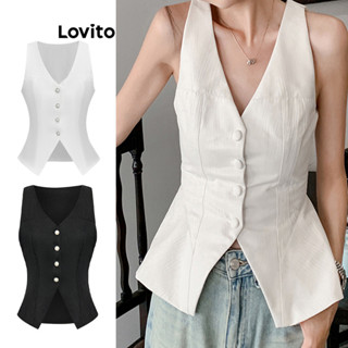 Lovito Casual Blusa Feminina Lisa com Botão e Pérolas L67AD039 (Branca)