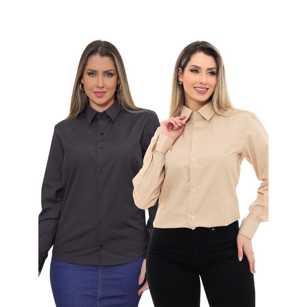 KIT Feminino 2 Peças - Camisa Social Premium Tipo Linho Bege e  Camisa Social Slim Preta