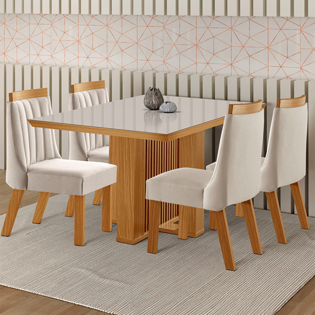 Mesa de Jantar 4 Lugares Kiev com Vidro Cinamomo/Suede Creme - Panorama Móveis em Oferta na Shopee