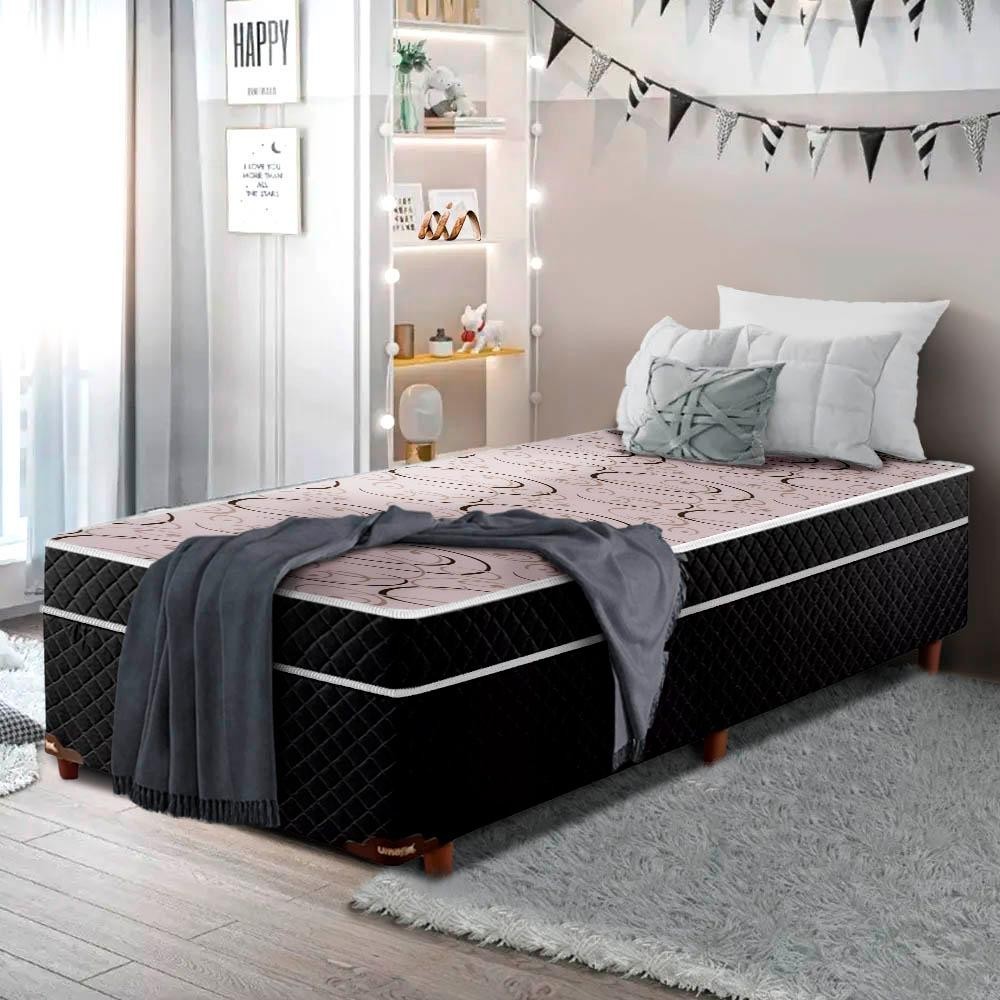 Cama Box + Colchão Solteiro Espuma D23 188 x 88 cm Preto Attractive Umaflex