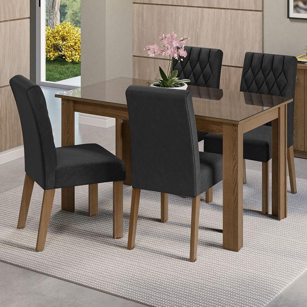 Conjunto Sala de Jantar Mesa Tampo de Vidro 4 Cadeiras Rustic/Oxford Celina Madesa - Home & Living