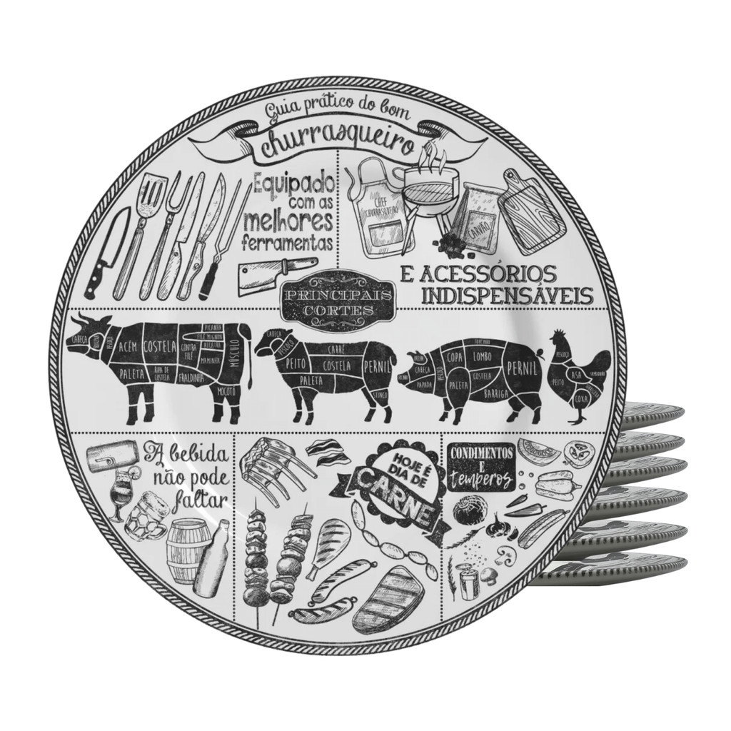 Jogo De Pratos Sobremesa Cerâmica 20cm Kit 6pcs Churrasco Gourmet Alleanza