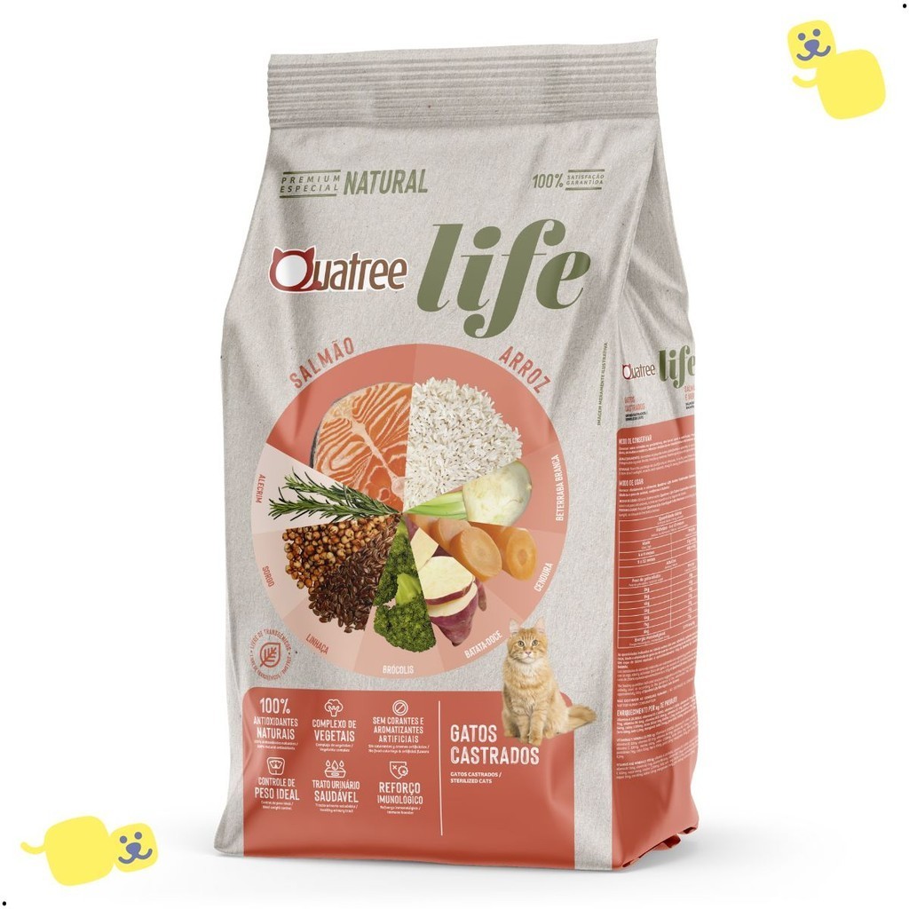 Ração Quatree Life Ração Gato Adulto Castrado Salmão e Arroz 3Kg Alimento Premium Especial Cat