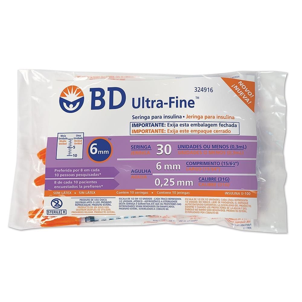 SERINGA PARA INSULINA BD ULTRA-FINE ™ 6 MM DE 30 UI COM 10 UNIDADES