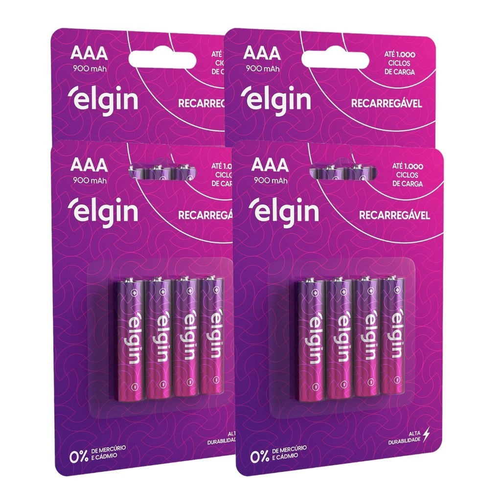 16 Pilhas Recarregável Aaa 3a Palito 900mah 4 Cartelas Elgin em Oferta na Shopee