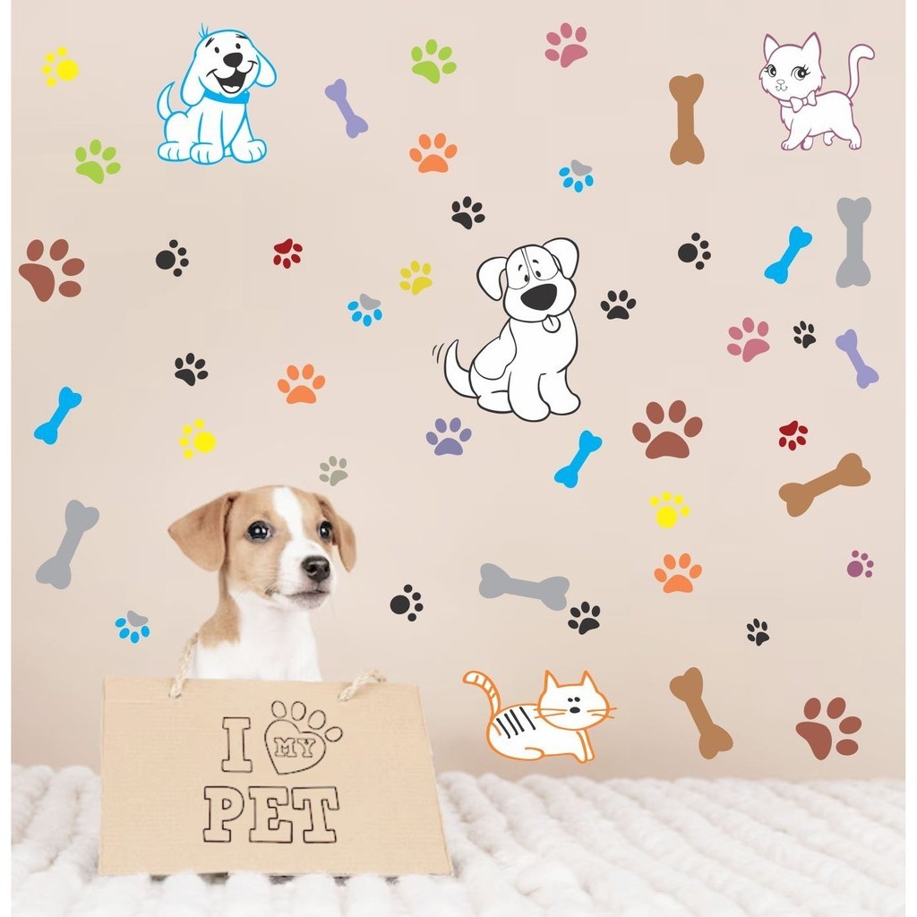 Adesivo de Parede para Pet Shop Cachorrinho Gatinho e Patas Papel de Parede Auto Colante Decalque