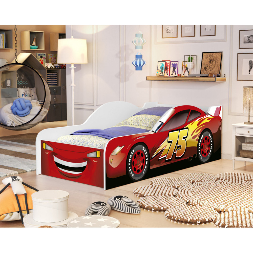Cama Infantil Carro de Corrida Mcqueen Menino Quarto Temático Proteção Lateral Solteiro Design Divertido Estilo Carros