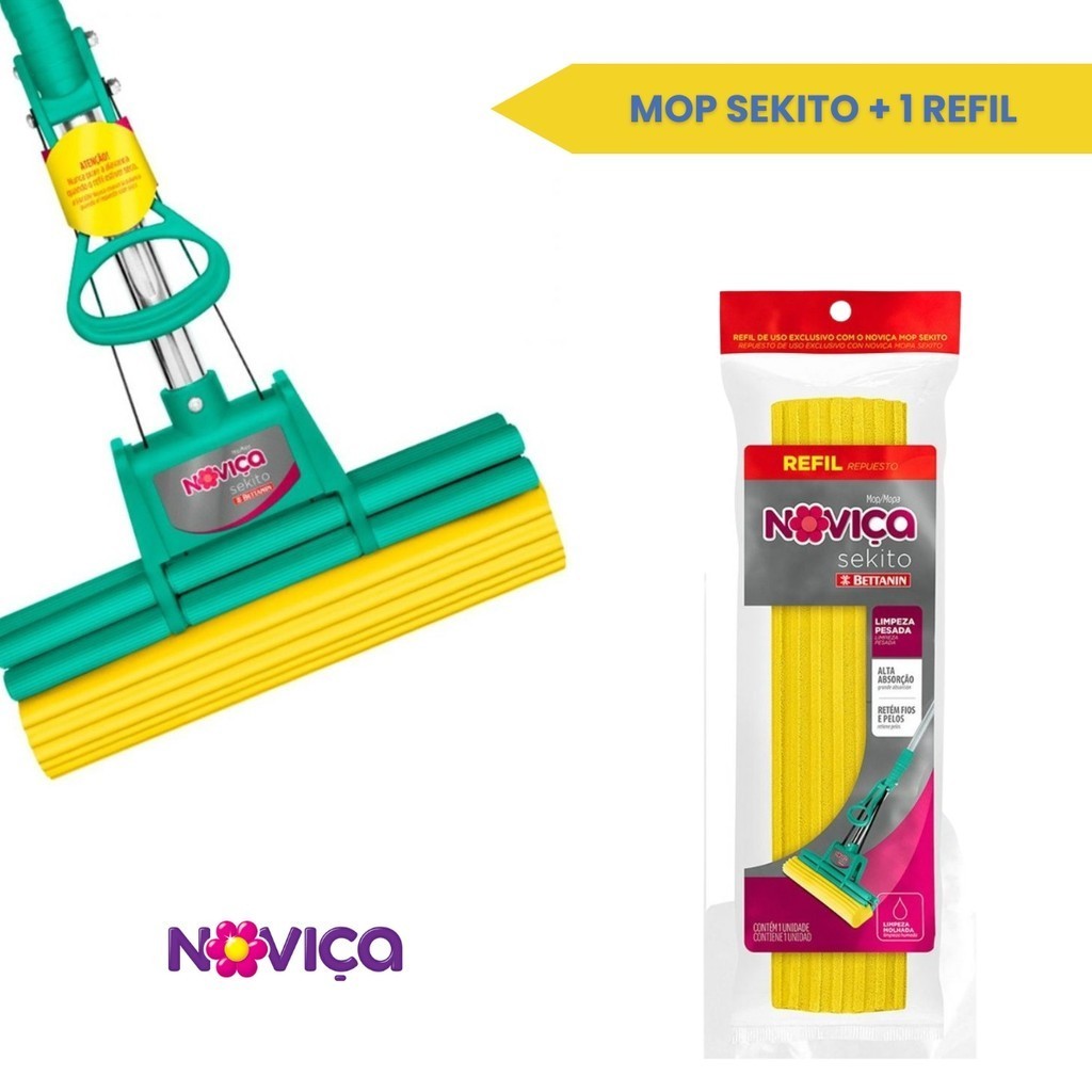 Mop Noviça Sekito Rodinho Esponja Limpa Seca + 1 Refil Novo em Oferta na Shopee