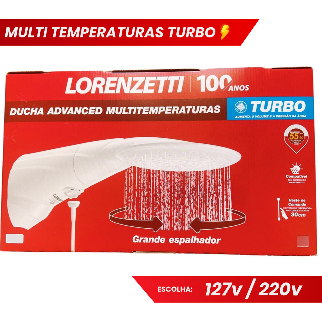 Chuveiro Advanced Turbo 4T Multitemperaturas 127V / 220V Lorenzetti Ducha Com Pressurizador Turbo