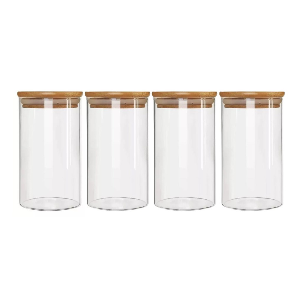 Kit 4 Pote Porta Temperos Mantimentos Design Sofisticado Tampa De Bambu Hermético 650ml