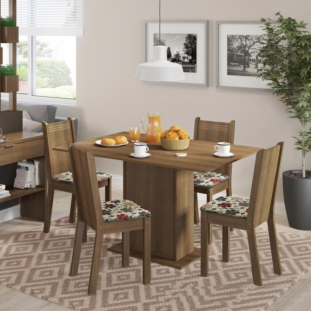 Conjunto Sala de Jantar Lexy Madesa Mesa Tampo de Madeira com 4 Cadeiras - Rustic/Hibiscos - Home & Living