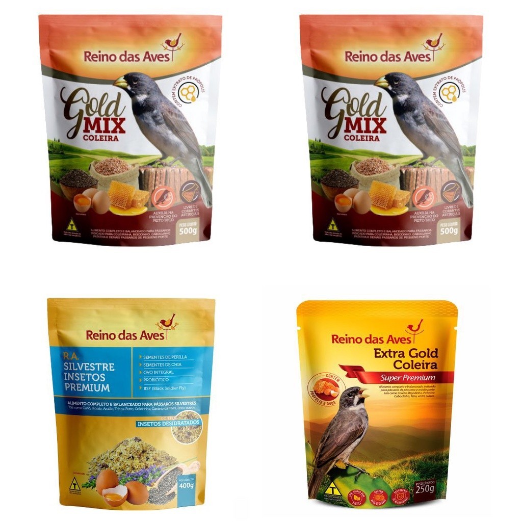KIT Coleira 4 itens 2 PACOTE COLEIRA GOLD MIX 500G1 RA SILVESTRE INSETO  400G 1 EXTRA GOLD COLEIRA  250G