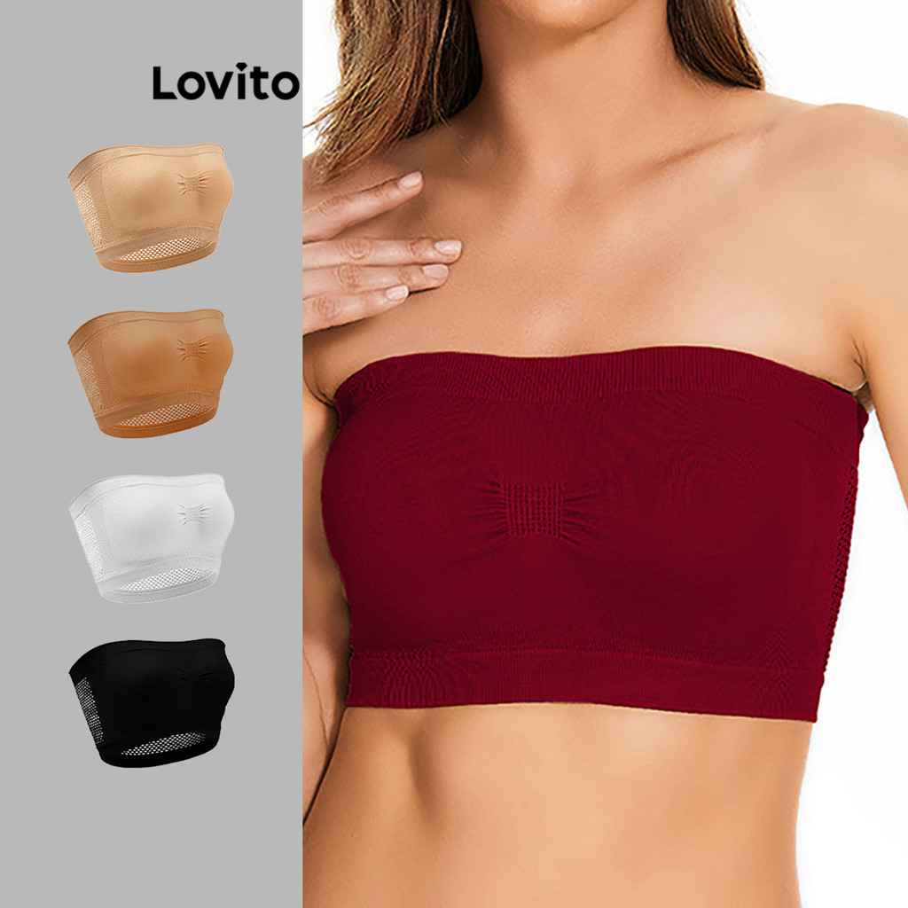 Lovito Sutiã Curva Plus Size Casual Liso Plissado Sutiã Básico Para Mulheres LNE29022 (Apricot/Branco/Borgonha/Preto)