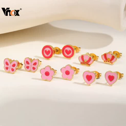 Brincos De Flor De Borboleta Em Forma De Coração Vnox Para Bebês E Crianças , Rosa Fofos De Ouro 18K , Presente De Joias