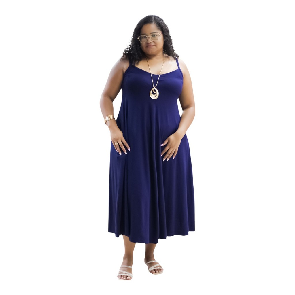 Vestido Azul Plus Size Soltinho Lindo Tecido Confortavel Viscose Com Elastano