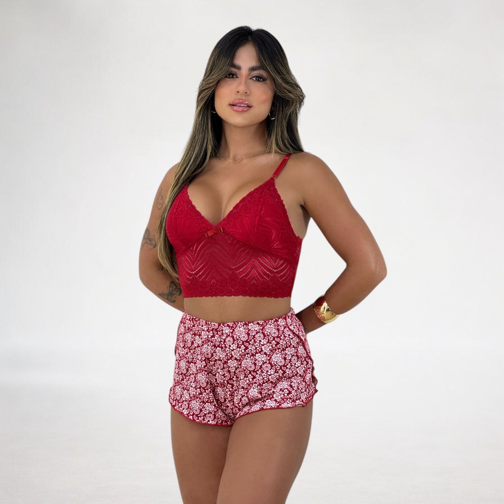 Pijama Baby Doll Suede com Renda Eva Shorts Dool Feminino Detalhe de Renda Luxo Regata Alcinha Verão