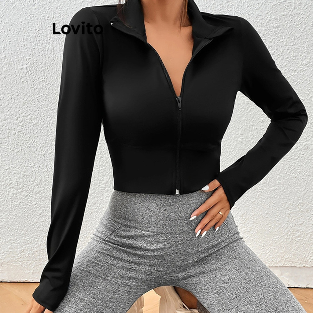 Lovito Jaqueta esportiva esportiva com zíper simples e esportiva para mulheres LNL91124 - Sports & Outdoors