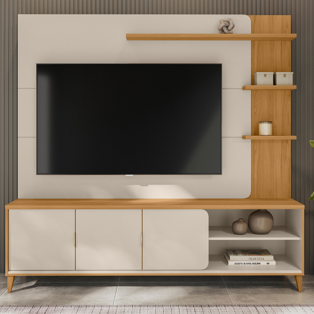Estante Painel Para TV 70 Pol Pés Retrô 200cm Homero L05 Tauari Off White Fosco - Lyam Decor