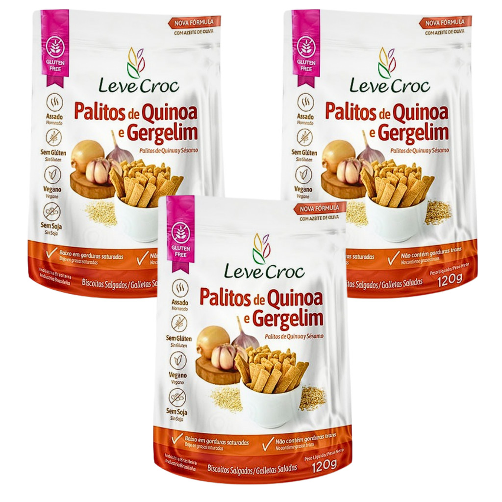 Kit 3 Biscoito Palito Salgado Quinoa Gergelim 120g Leve Croc