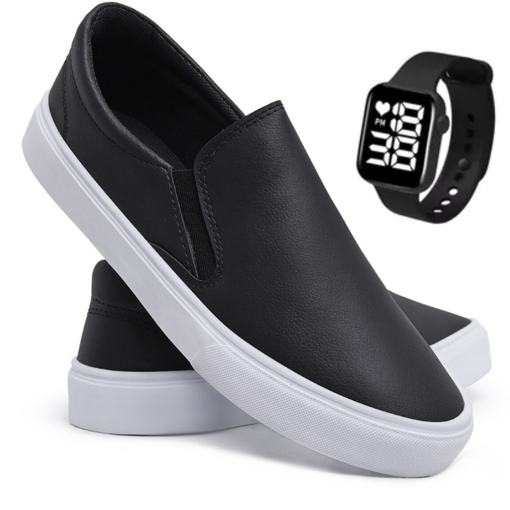 Tenis Sapatenis Slip On Casual Iate Masculino Sem Cadarço Calce Facil Leve Confortavel + Relógio