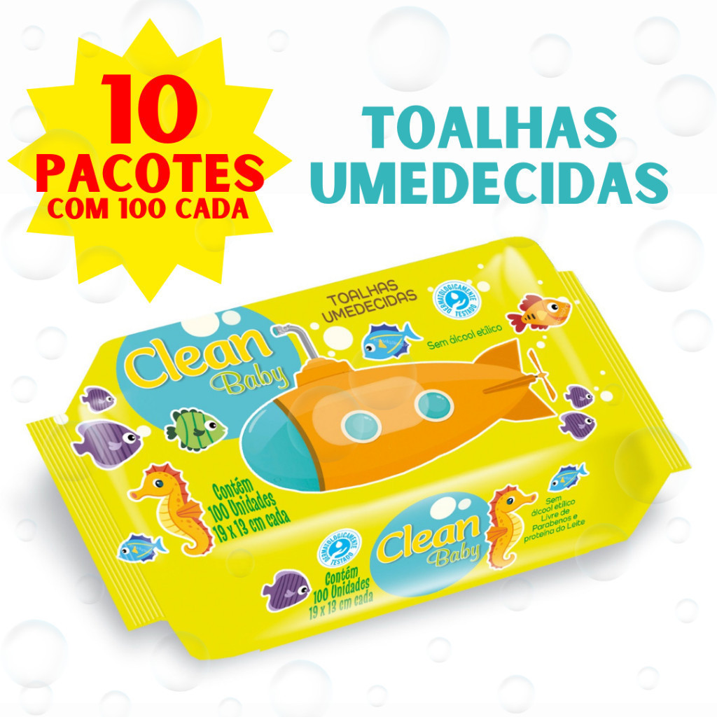 Caixa 10 Pacotes Toalhas Umedecidas Clean Baby com 100 cada Bebê